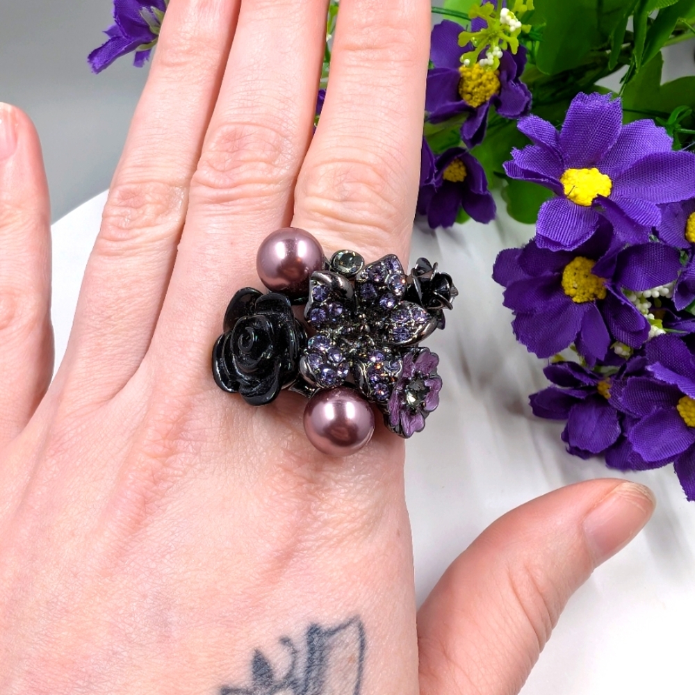 Gothic Style Vintage Flower & Pearl Design Stretch Ring With Crystal Accents
